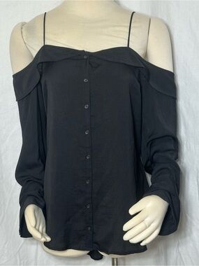 Free People Walk This Way Cold-Shoulder Button-Front Women’s Top in Black
